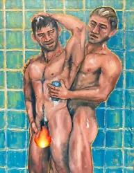Buy Original Gay Male Interest Art Oil Painting Daniel W Green Bear Shower Man • 430.19£