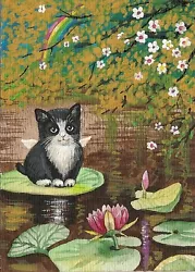 Buy ACEO Print Of PAINTING RYTA TUXEDO CAT KITTEN ANGEL FLOWER LILY FAIRY RAINBOW 🌺 • 6.19£