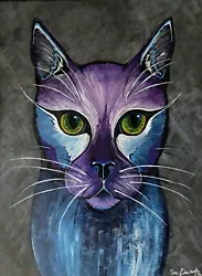 Buy Cat Painting-OOAK Acrylic On Box Canvas 30 X 40 Cms-Cat Art-Blue/purple-Feline • 45£