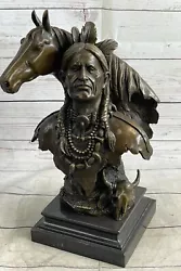 Buy Genuine Bronze Statue Marble Base American Indian Chief Buffalo Headdress Gift • 185.10£