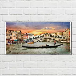 Buy Glass Print 100x50 Painting Venice Boat Bridge City Sunset Wall Art Home Decor  • 89.99£