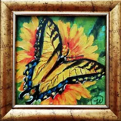 Buy Original Oil Painting Yellow Butterfly -Nature Artwork Framed -Small Art 4x4  • 70.70£