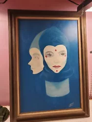 Buy Oil On Canvas Harlequin Jester Diamond Two Head Face Blue Winter Barnwood Frame • 62.02£