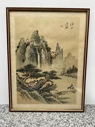 Buy Vintage Silk Painting Oriental Tranquil Mountain Scene OOAK Original Framed • 60£