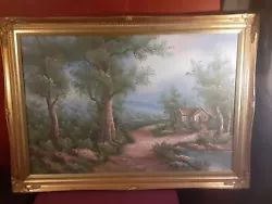 Buy Vintage Original Oil Painting Mountain Cabin Lake Forest Framed-see Details • 62.01£