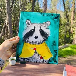 Buy Raccoon Funny Painting Whimsical Animal Original Art Acrylic Home Decor Green • 71.44£