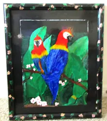 Buy Original Painting Artwork Enameled Parrots Cherry Blossoms Wood Frame Signed EJ • 20.67£