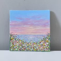 Buy Acrylic Seascape Painting Original Landscape Wild Flowers Sunset Canvas Panel • 18£