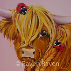 Buy Artist Studio Clearance Original Oil Painting Ladybird Coo, Highland Cow 40x40cm • 150£
