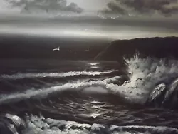 Buy Dark Ocean View Waves Large Oil Painting Canvas Sea Seascape Black White Art • 27.95£