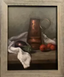 Buy Original Oil Painting Still Life Copper Mug, Eggplant, Tomatoes, Signed MKB • 78.74£