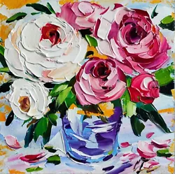 Buy Original Oil Painting Rose Peony Abstract Colorful Flowers Artwork Floral Art • 29.05£