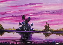 Buy  Mini Florida Purple Sunset  ACEO Original Acrylic Painting Vintage Signed Art • 16.60£