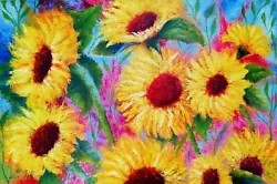 Buy Sunflowers Original Oil Painting -Yellow Flowers Abstract Art 16x24  • 622.21£