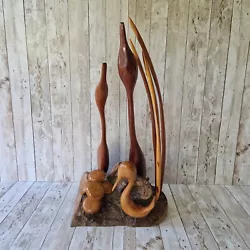 Buy Vintage Mid-century MCM Wooden Sculpture Hand Carved Heron / Crane & Mushrooms • 34.99£