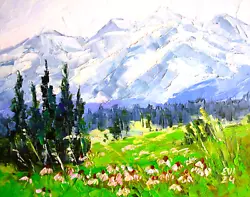 Buy Meadow Mountain Landscape Original Oil Painting  Modern Wall Art Canvas 8x10 • 35£