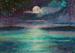 Buy Impressionist Seascape. Stars Moon. Wall Art For Small Spaces. OOAK. Felt Art A4 • 39.99£