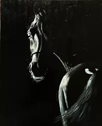 Buy COA Original Art Acrylic Painting Canvas Horse Portrait Black & White 16 X20  • 173.25£
