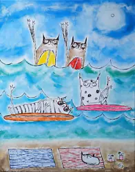 Buy Abstract Cat Painting Original Beach Surf Siamese Folk Art By Samantha McLean • 471.55£