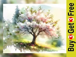 Buy Blossoming Tree Watercolor Print, Serene Nature Scene 5  X 7  Inch Art • 4.49£