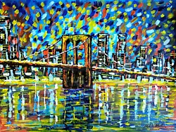 Buy Original Colorful Cityscape Painting Brooklyn Bridge New York City Manhattan NY • 188.99£
