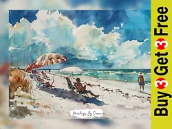 Buy Serene Seashore Leisure, Watercolor Beach Scene Painting Print 5 X7  Matte Paper • 4.49£