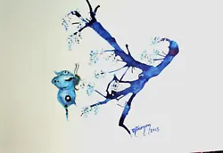 Buy Watercolour Ink Painting Of Blue Butterfly&Blossom,orgnl.unframed,impressionist • 8£