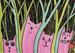 Buy Original ACEO Painting Cat Miniature Art Card Tree Forest Landscape Josh Merritt • 8.26£