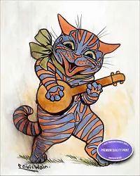 Buy Louis Wain Cat Playing Guitar Orange & Blue Painting High Res Quality Art Print • 12.28£