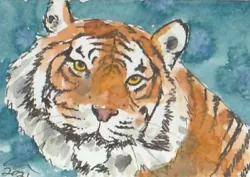 Buy ACEO Art Card Smiling Tiger Original Watercolour Painting With Ink Cats Animal  • 5£