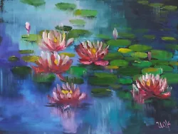 Buy Water Lily Oil Painting Lotus Original Art Monet Wall Art Small Flower Artwork • 45.48£