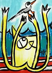 Buy Aceo Abstract Cat Painting Bird Original Collectible Beach Art Samantha McLean • 9.95£
