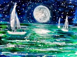 Buy ACEO Original Painting Night SAILBOATS Summer Ocean Stars Boat Seascape Moon ART • 10.08£