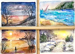 Buy ACEO Original  All Collection Of Four Landscapes Seasons  Watercolor 3,5x2.5  • 36.81£
