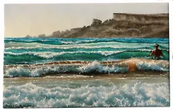 Buy Original Small Acrylic Seascape Painting Of  Rough Waves On Beach/Cliff/Swimmer • 30£