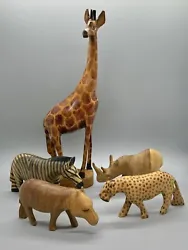 Buy Carved Wood Safari Animal Figurines Giraffe Zebra Cheetah Rhino Hippo - Lot Of 5 • 23.27£