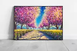Buy Park Path Lined With Wild Flowers And Cherry Sakura Blossom Trees Oil Painting • 6.43£