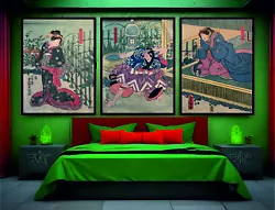 Buy Set Of 3 Japanese Ukoi  Triptych Ichiyosai Toyokuni Beauty Painting • 19£