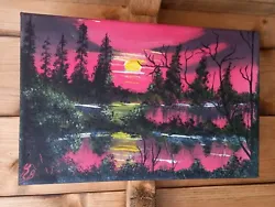 Buy 🎨Red Sunset Small Bob Ross Style Oil Painting  Signed  UK Artist 12 X 8  • 15£