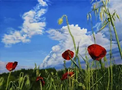 Buy Original Oil Painting Greek Landscape On Canvas Red Poppies Poppy Flowers Clouds • 708.75£