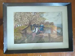 Buy Vintage Folk Art Painting Girl & Boy Fishing On Bridge B.Snow Watercolour • 7.99£