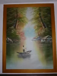 Buy Vintage Oil Painting On Canvas Asian Boat & Village Signed 68 X 51 Cm • 34.99£
