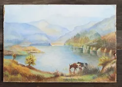Buy Beautiful Antique Signed RER Watercolour Painting 1926 Cows Lakes Landscape  • 45£