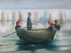 Buy Philip North. Oil On Canvas. Boys Fishing From Boat. Cornish Art. Folk Art • 105£