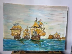 Buy Vintage English Original Oil Painting Galleons Seascape Nautical Boats Old Ships • 9.99£