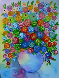 Buy Oil Pastel Original Painting Fine Art 11.5  X 16   Flowers Pink Blue  Vase A3 • 28£