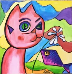 Buy Original Art Cat And Fish Portrait Picasso Style Pet Abstract Painting Daisy 8x8 • 27.35£