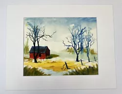 Buy Vtg Watercolor Painting Red Barn Folk Art Winter Farm Scene Trees & Field 11x14” • 25.03£