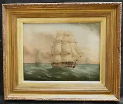Buy FINE DETAILED 19th C. TWO DECKER BRITISH WARSHIP AT SEA ANTIQUE OIL PAINTING • 2.20£