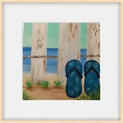 Buy Original Acrylic Painting On Canvas Board Holiday Flip Flops By A Beach Fence • 4.99£
